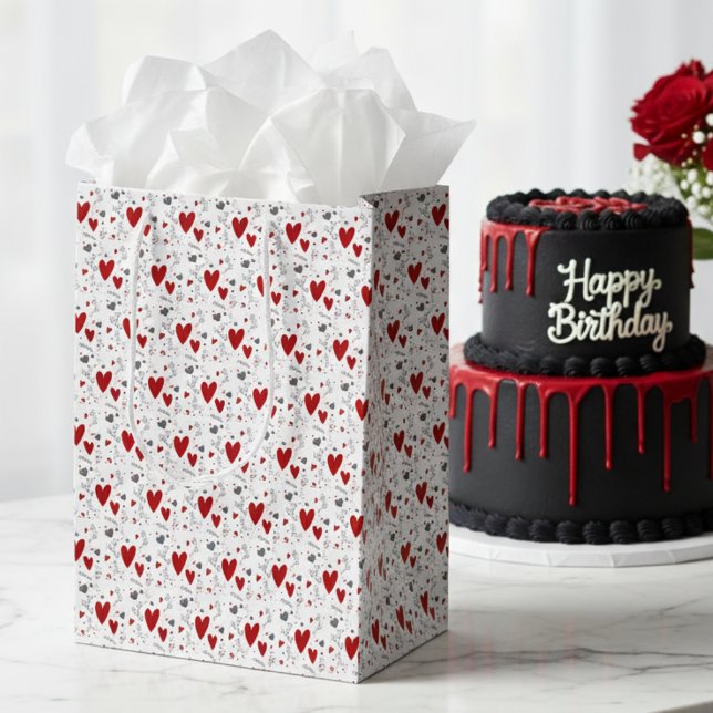 Red and Black Hand Drawn Doodle Hearts Medium Gift Bag (cute red and black hand drawn doodle hearts gift bag for her him Valentines Day)