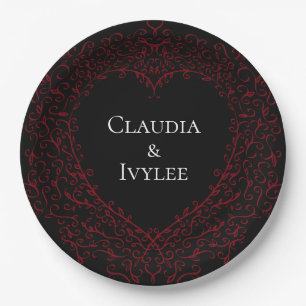 Red and Black Heart Gothic Wedding Paper Plates