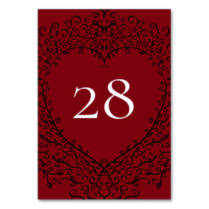 Red and Black Heart Gothic Wedding Table Number