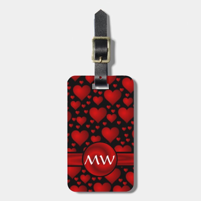 Red and black heart monogram pattern luggage tag (Front Vertical)