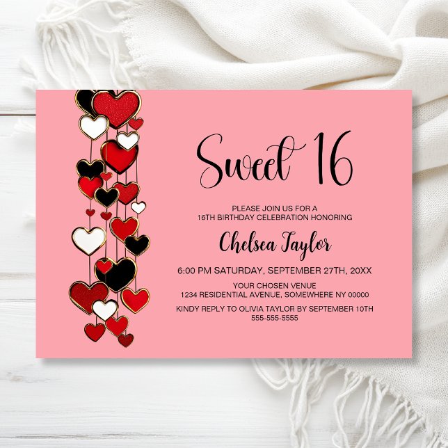Red and Black Heart Theme Sweet 16 Birthday Invitation (Creator Uploaded)