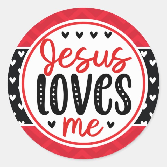 Red and Black Hearts Jesus Loves Me Religious Classic Round Sticker (Front)