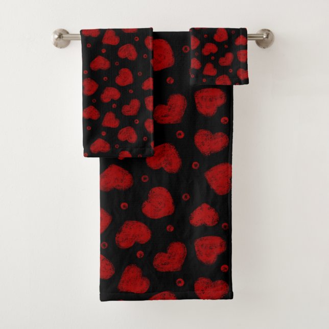 Red and Black Hearts pattern Bath Towel Set (Insitu)