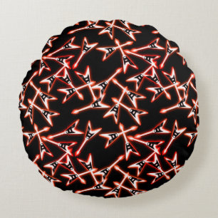 Red and Black Heavy Metal Electric Guitar Pattern Round Cushion