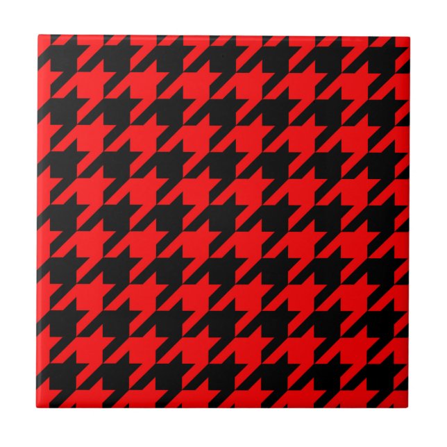 Red and Black Houndstooth Check Ceramic Tile (Front)