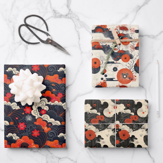 Red and Black Japandi Oriental Wrapping Paper Sheet (Front)