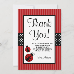 Red and Black Ladybug Striped Dots Birthday Thank You Card