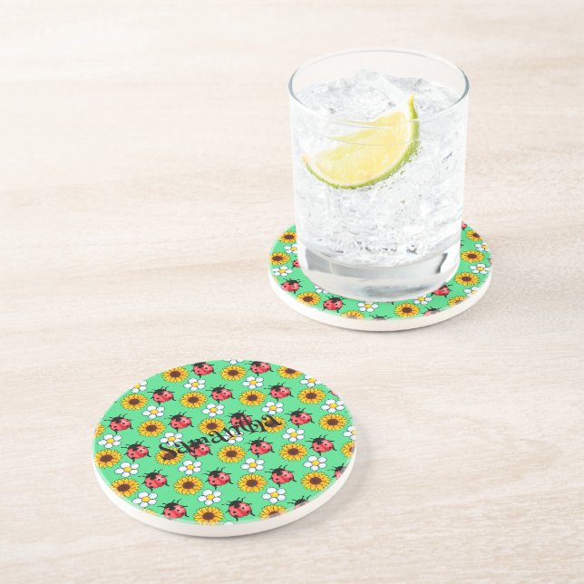 Red And Black Ladybug With Flowers  Coaster (Side)