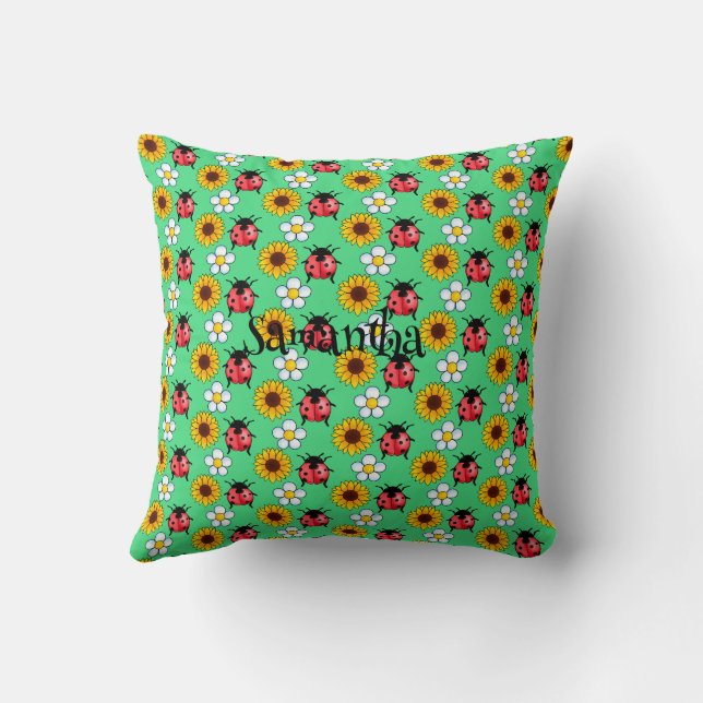 Red And Black Ladybug With Flowers  Cushion (Back)