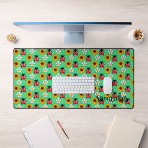 Red And Black Ladybug With Flowers  Desk Mat