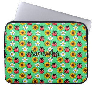 Red And Black Ladybug With Flowers Laptop Sleeve