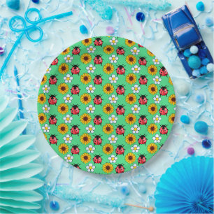 Red And Black Ladybug With Flowers Paper Plate