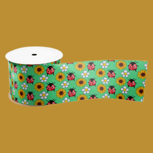 Red And Black Ladybug With Flowers  Satin Ribbon