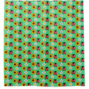 Red And Black Ladybug With Flowers Shower Curtain