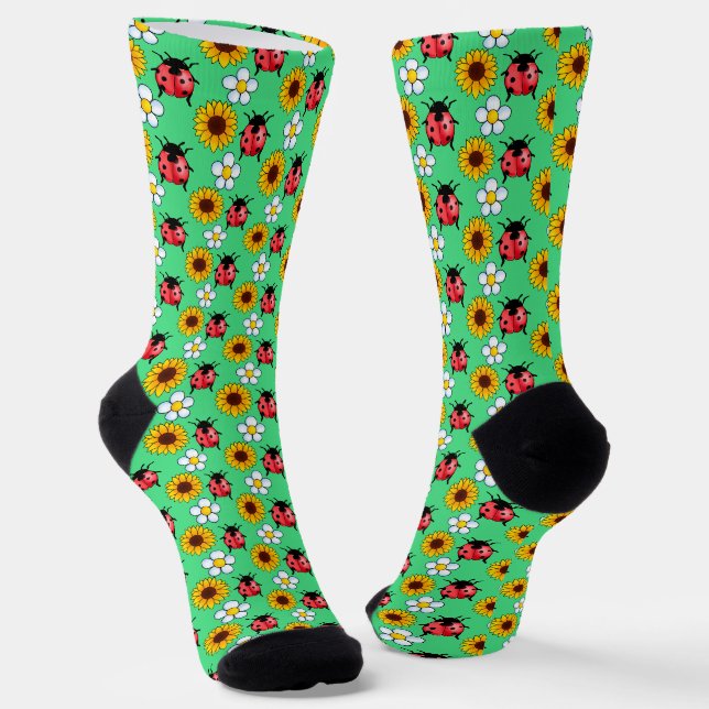 Red And Black Ladybug With Flowers  Socks (Angled)