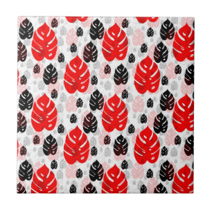 Red and Black Leaf Abstract Shapes Ceramic Tile
