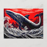Red and Black Linocut Sperm Whale Breach