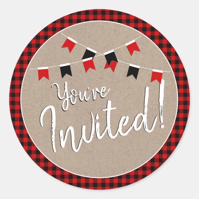 Red and Black Lumberjack Check You're Invited Classic Round Sticker (Front)