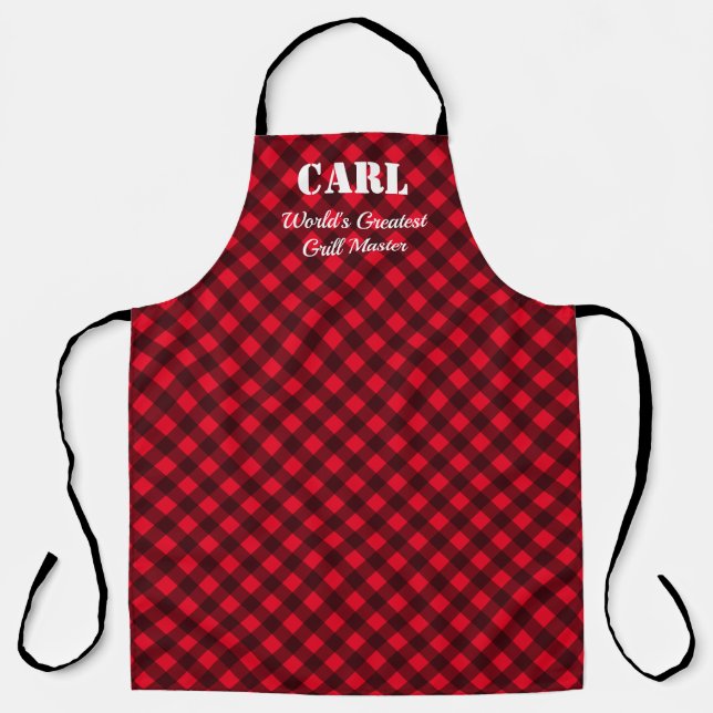 Red and black lumberjack plaid BBQ apron for men (Front)