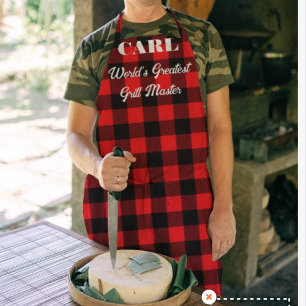 Red and black lumberjack plaid BBQ apron for men