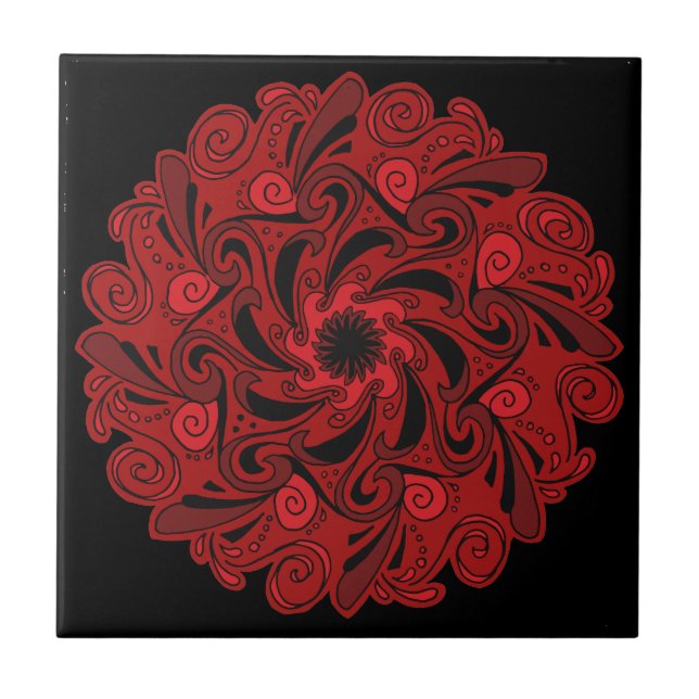 Red and Black Mandala Ceramic Tile (Front)