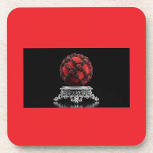 Red And Black Mandelbrot Sphere On Silver Pedestal Coaster
