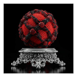 Red And Black Mandelbrot Sphere On Silver Pedestal Poster