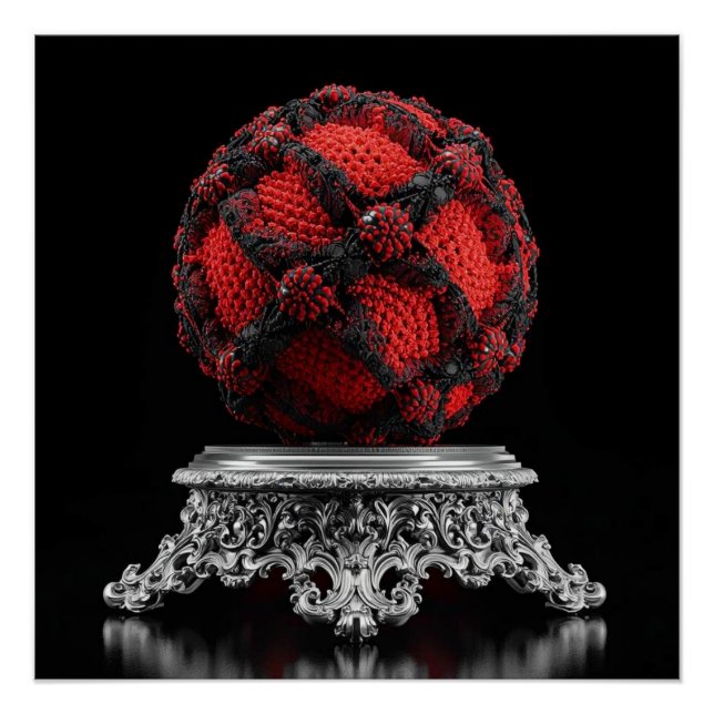 Red And Black Mandelbrot Sphere On Silver Pedestal Poster (Front)