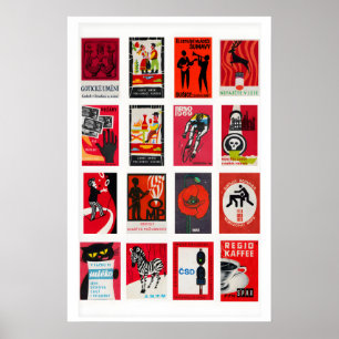Red and Black Matchbox Label Collage, classic Poster