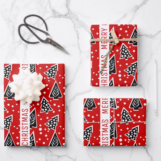 Red and black Merry Christmas trees holiday Wrapping Paper Sheet (Front)
