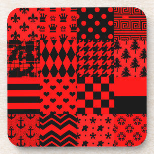 Red and Black Mixed Patterns Patchwork Design  Coaster