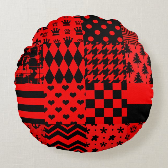 Red and Black Mixed Patterns Patchwork Design  Round Cushion (Front)
