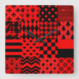 Red and Black Mixed Patterns Patchwork Design Square Wall Clock