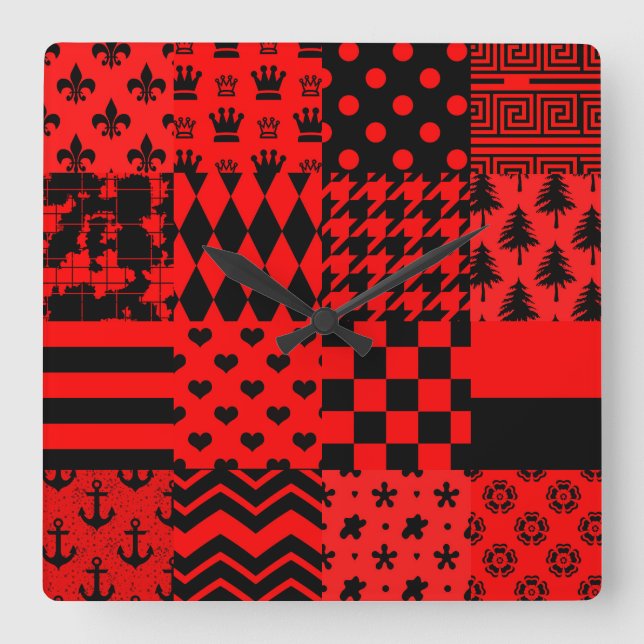 Red and Black Mixed Patterns Patchwork Design  Square Wall Clock (Front)