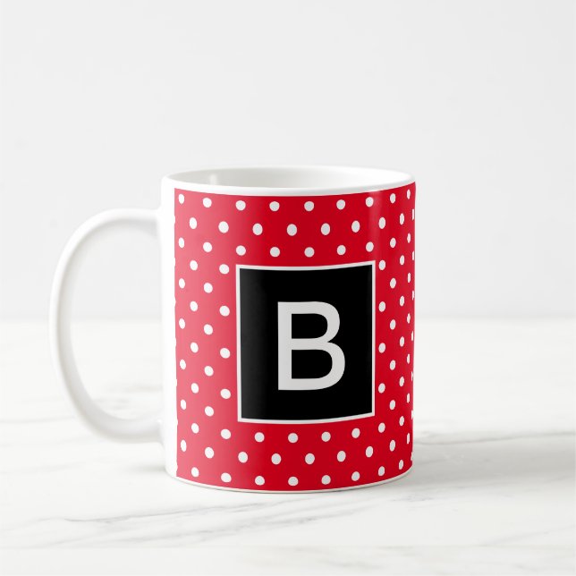 Red and Black Monogrammed Polka Dot Coffee Mug (Left)