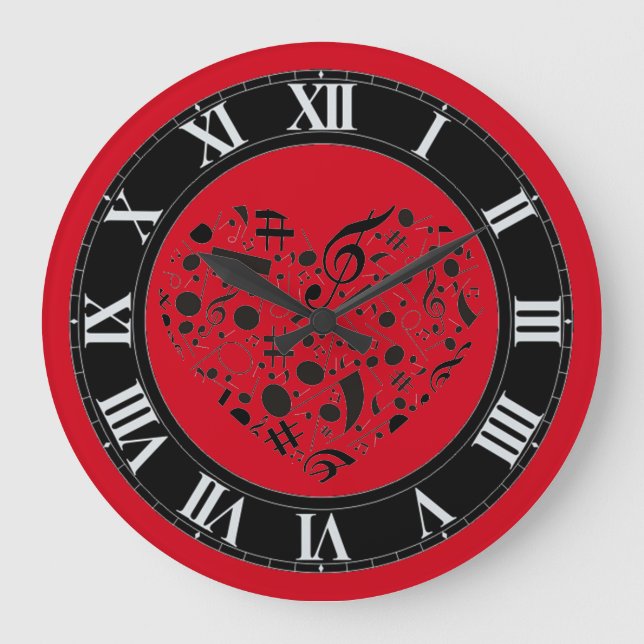 Red and Black Music Notes Heart Wall Clock (Front)