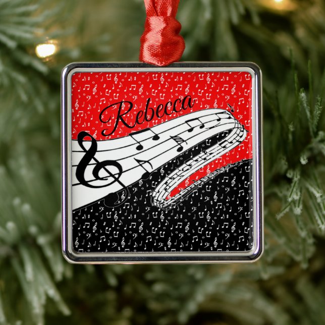 Red and black music theme personalised metal ornament (Tree)