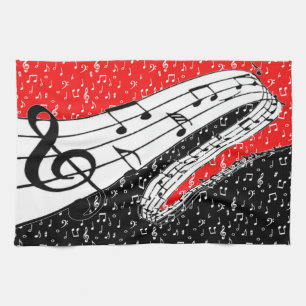 Red and black music theme tea towel