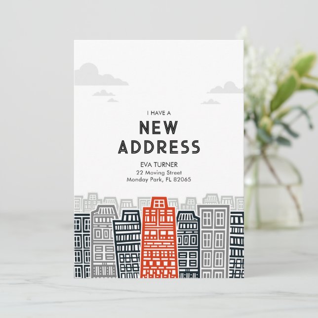 Red and black new address with cartoon city invitation (Standing Front)