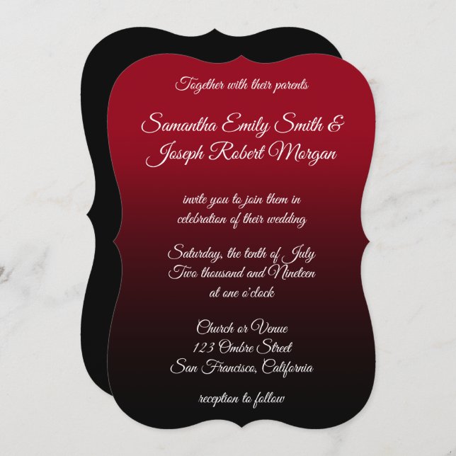 Red and Black Ombre Elegant Calligraphy Wedding Invitation (Front/Back)