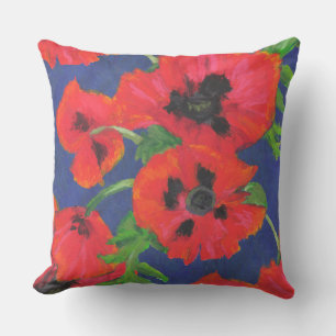 Red and Black Oriental Poppies Pattern on Blue Cushion