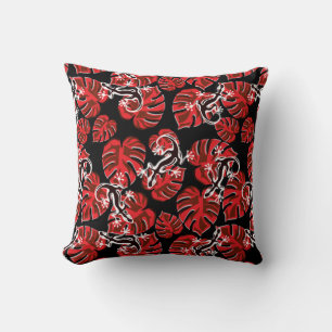 Red And Black Pattern - Geckos And Leaves Cushion