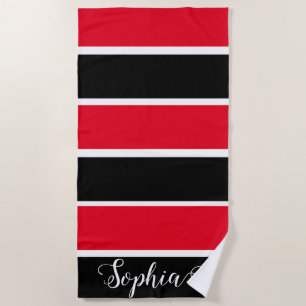 Red And Black Personalised Name Stripes Beach Towel
