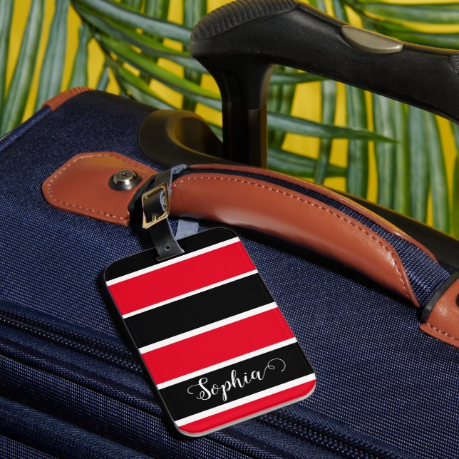 Red And Black Personalised Name Stripes Luggage Tag (Front Insitu 1)