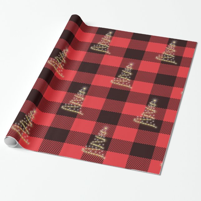 Red And Black Plaid Gold Chrostmas Tree Holiday Wrapping Paper (Unrolled)
