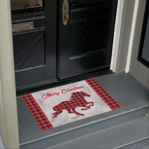 Red and Black Plaid Horse Christmas Doormat