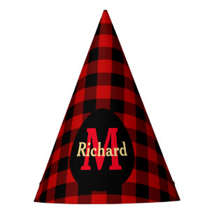 Red and Black Plaid Monogram and Name Party Hat