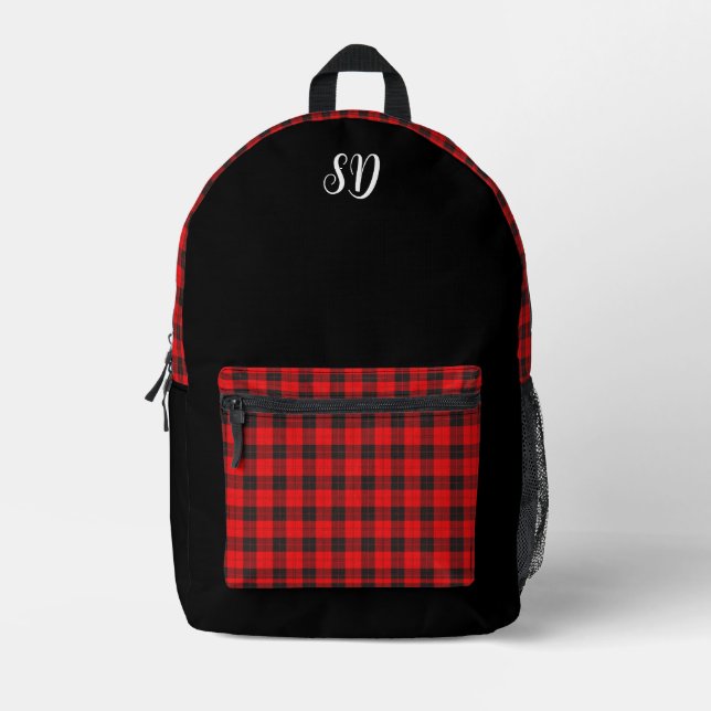 Red and Black Plaid Monogram  Printed Backpack (Front)