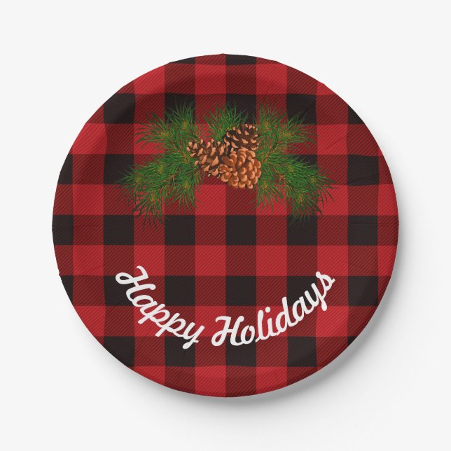 Red and Black plaid - pine cones Paper Plate (Front)