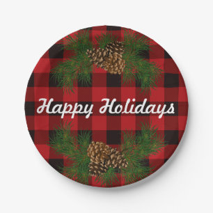 Red and Black plaid - pine cones Paper Plate